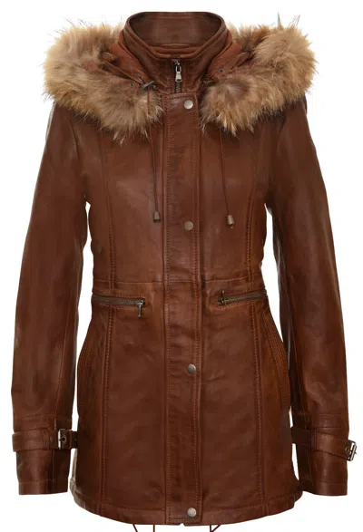 Pre-owned Infinity Women's Tan Leather Jacket Detachable Hooded Parker Trench Coat In Brown