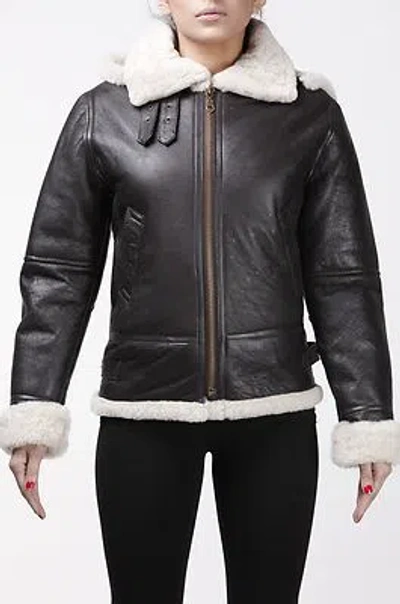 Pre-owned Infinity Womens Shearling Sheepskin Brown, Cream Fur 'air Force' Aviator Flying Jacket In Ivory