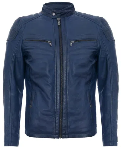 Infinty Leather Mens Leather Jacket Vintage Quilted Retro Racing Zipped Biker - San Marino In Blue