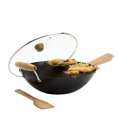 Infuse 4pc Non-stick Carbon Steel Wok Set In Black