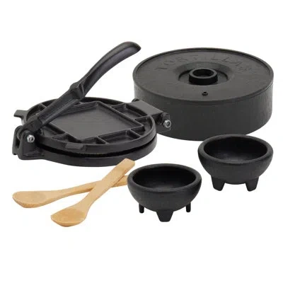 Infuse 6pc Tortilla Set With Pre-seasoned Cast Iron Tortilla Press, Tortilla Warmer, Bowls & Spoons In Black