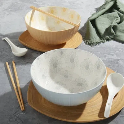 Infuse 8-piece Stoneware Ramen Bowl Set With Spoons And Chopsticks, Daisy In Blue;yellow