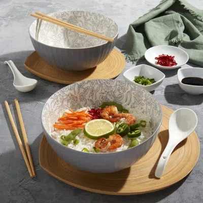 Infuse 8-piece Stoneware Ramen Bowl Set With Spoons And Chopsticks, Floral In Gray