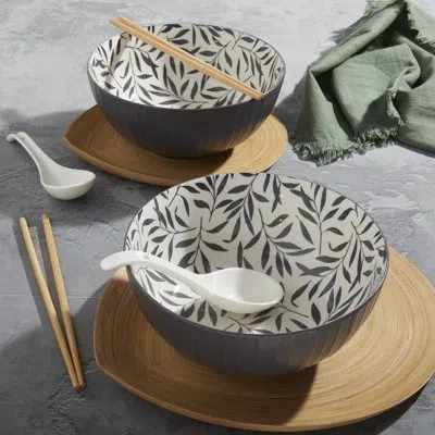 Infuse 8-piece Stoneware Ramen Bowl Set With Spoons And Chopsticks, Leaves In Gray