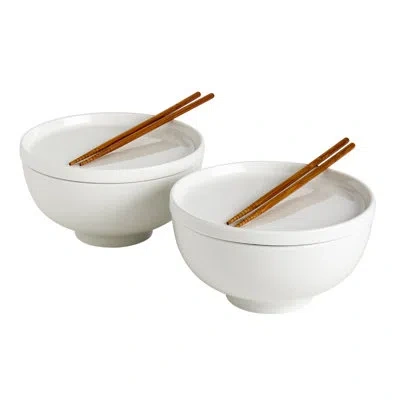 Infuse Asian 8-piece Smooth White Ceramic Ramen Bowl Set With Lid/trivet And Chopsticks