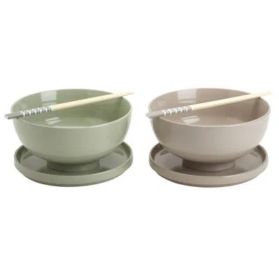 Infuse Asian 8-piece Smooth White Ceramic Ramen Bowl Set With Lid/trivet And Chopsticks In Green;beige