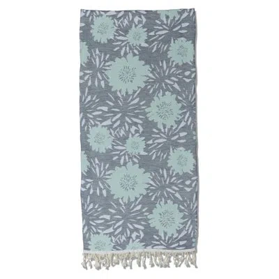 Infusezen Antalya Flower Organic Cotton Turkish Throw Blanket For Sofa Or Couch, Soft Medium Weight, 74" X 54" In Navy,mint