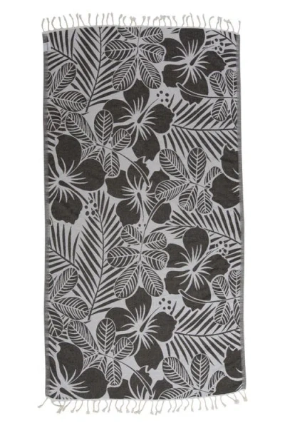 Infusezen Hawaiian Flower Print Organic Cotton Reversible Turkish Towel In Black