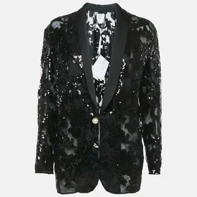 Ingie Paris Black Sequin Embellished Tulle Single Breasted Blazer