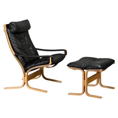 Pre-owned Ingmar Relling Siesta Lounge Chair And Ottoman In Naturel Oak And Black Leather