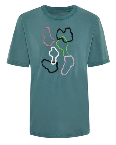 Ingmarson Green Abstract Embroidered Organic Cotton T-shirt Teal Women