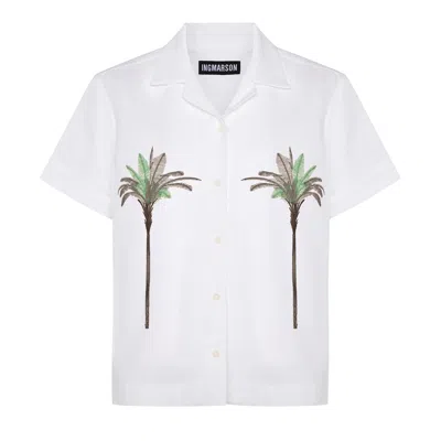Ingmarson Women's White Palm Embroidered Oversize Irish Linen Cuban Shirt