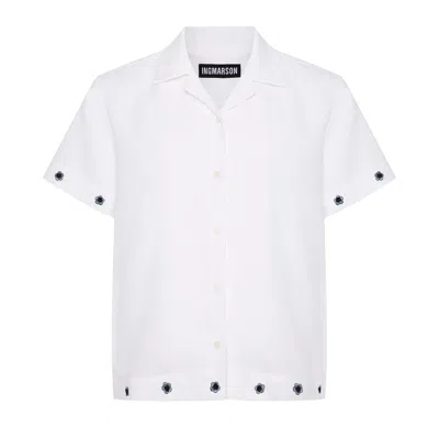 Ingmarson White Dotted Flowers Oversized Embroidered Irish Linen Cuban Shirt Women