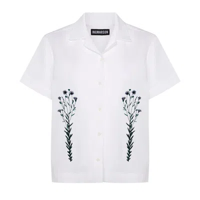 Ingmarson White Flax Embroidered Oversized Irish Linen Cuban Shirt Women