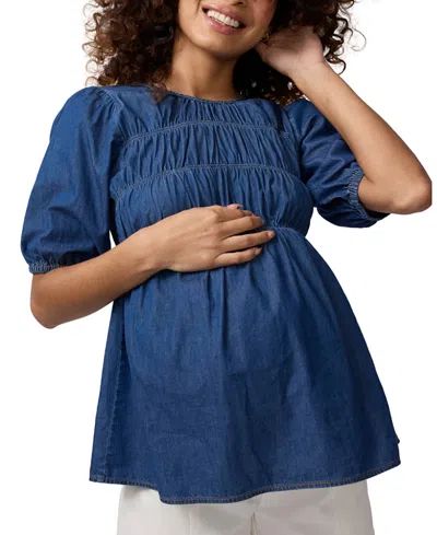 Ingrid & Isabel Chambray Smocked Maternity Top In Blue