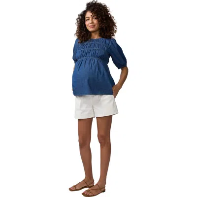 Ingrid & Isabel Short Sleeve Chambray Smocked Top In Blue