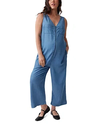 Ingrid & Isabel Maternity Zip Front Cropped Wide Leg Jumpsuit In Blue Chambray