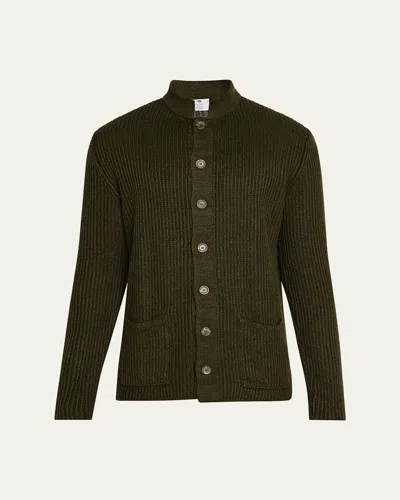 Inis Meain Men's Ribbed Linen Cardigan Sweater In Khaki