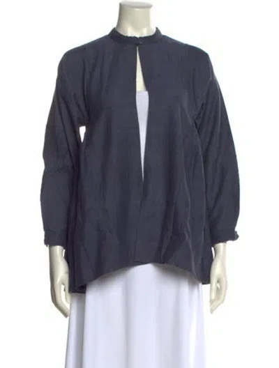 Pre-owned Injiri Mock Neck Three-quarter Sleeve Blouse In Blue