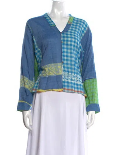 Pre-owned Injiri Patterned V-neck Top In Blue