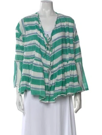Pre-owned Injiri Striped V-neck Blouse In Green