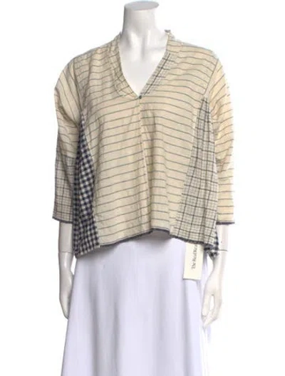 Pre-owned Injiri Striped V-neck Blouse In Neutral