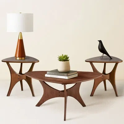 Ink+ivy 3-piece Mid Century Modern Living Room Wood Table Set With Triangular Tops & Sculptural Bases In Pecan
