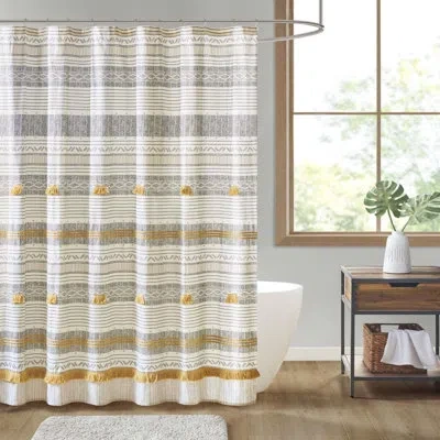 Ink+ivy Cody Cotton Stripe Printed Single Shower Curtain With Tassel In Gray,yellow