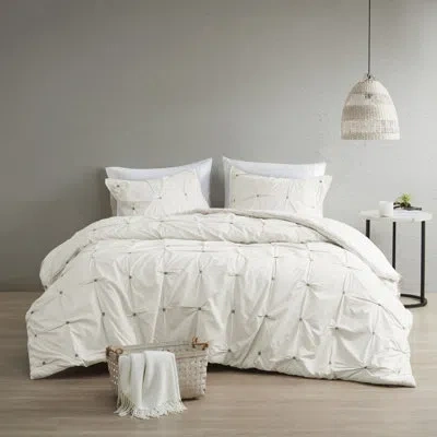 Ink+ivy Dasya 3 Piece Elastic Embroidered Cotton Duvet Cover Set In White