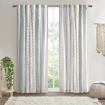 Ink+ivy Imani 100% Cotton Printed Boho Single Curtain Panel With Tufted Chenille Stripe And Lining In White,navy