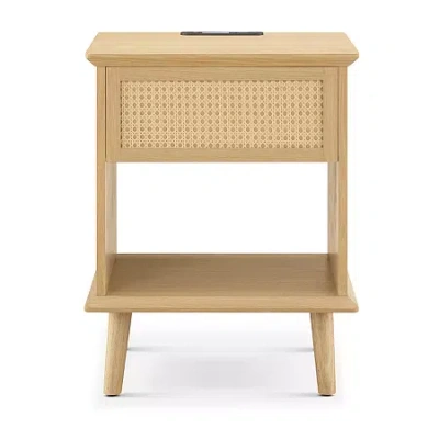 Ink+ivy Teagan Rattan Side Table With Built-in Charging Station & Led Light Storage 1-drawer In Brown