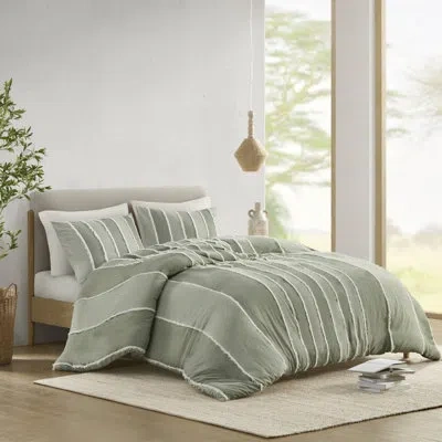 Ink+ivy Shay 3 Piece Striped Cotton Duvet Cover Set In Sage