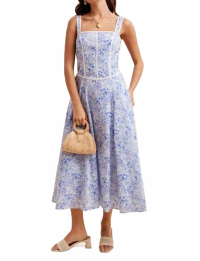 In-loom Contrast Piped Floral Maxi Dress In Blue