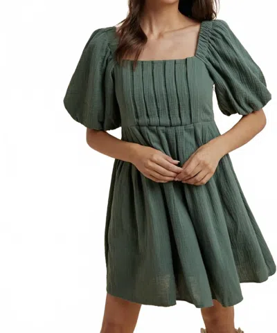 In-loom Cotton Box Pleat Mini Dress In Evergreen In Green