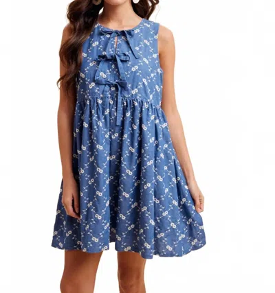 In-loom Eleanor Chambray Embroidered Bow Mini Dress In Blue