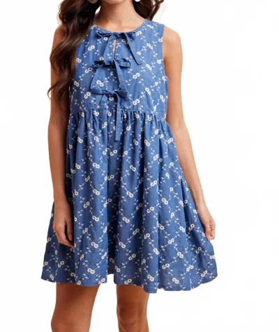 In-loom Embroidered Bow Mini Dress In Denim Floral In Blue