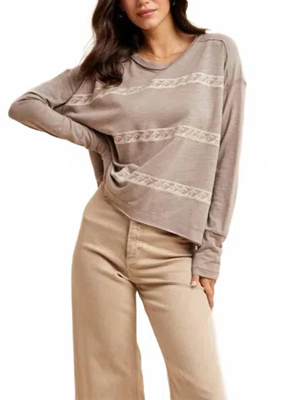 In-loom Floral Embroidery Striped Tee Shirt In Stone Taupe In Multi