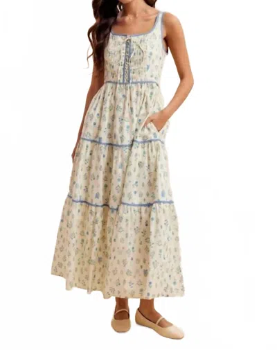In-loom Floral Lace Up Maxi Dress In Beige
