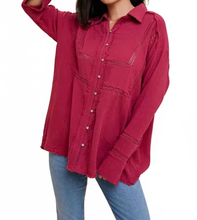 In-loom Garment Washed Lace Inset Button Down Tunic In Mulberry In Red