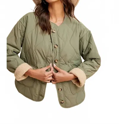In-loom Quilted Sherpa Lined Puffer Jacket In Olive In Green