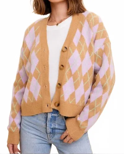 In-loom Retro Vibes Argyle Patterned Jacquard Cardigan Sweater In Beige In Brown