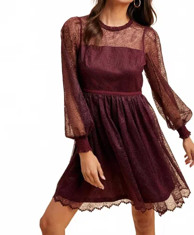 In-loom Ruffled Neck Mini Lace Dress In Merlot In Burgundy
