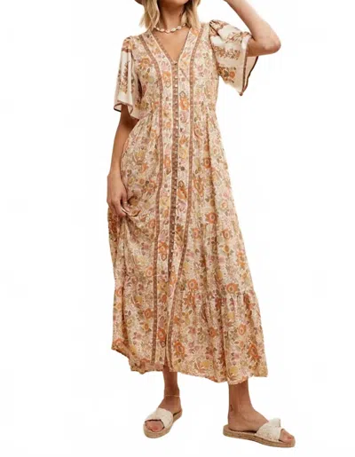 In-loom Savannah Button Front Midi Dress In Vintage Cream Floral In Brown