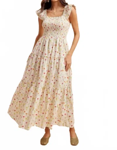 In-loom Smocked Floral Maxi Dress In Beige