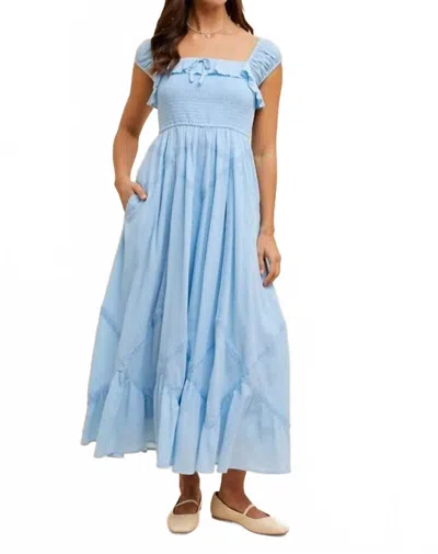 In-loom Smocked Maxi Dress With Lace Trim In Blue