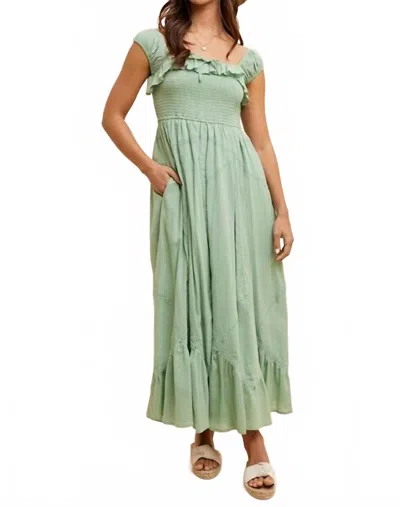 In-loom Smocked Maxi Dress With Lace Trim In Sage In Multi