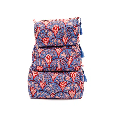 Inner Child Blue / White / Brown Blue Arch Blockprint Toiletry Makeup Bag, Set Of Three