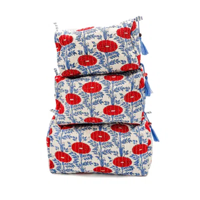 Inner Child Blue / White / Red Araminta Floral Blockprint Toiletry Makeup Bag, Set Of Three