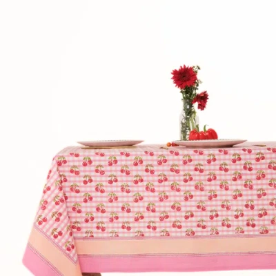 Inner Child Cherry Blockprint Tablecloth In Pink
