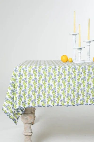 Inner Child Forget-me-not Scallop Embroidered Blockprint Tablecloth In Green